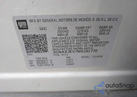 2021 Chevrolet Equinox Fwd 2Fl from USA, damaged, VIN 3GNAXJEV7MS161770